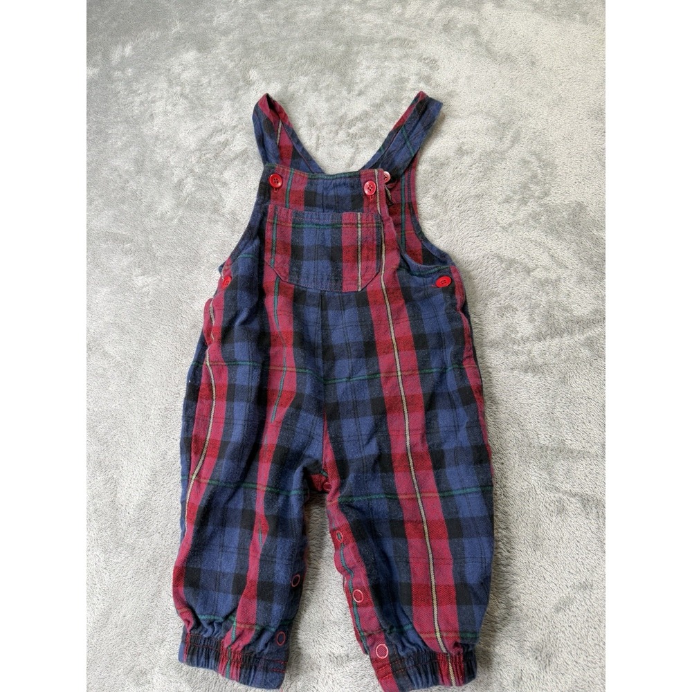 Basic Editions Vintage Plaid Overalls One-Piece 12M 100% Cotton Red/Blue
